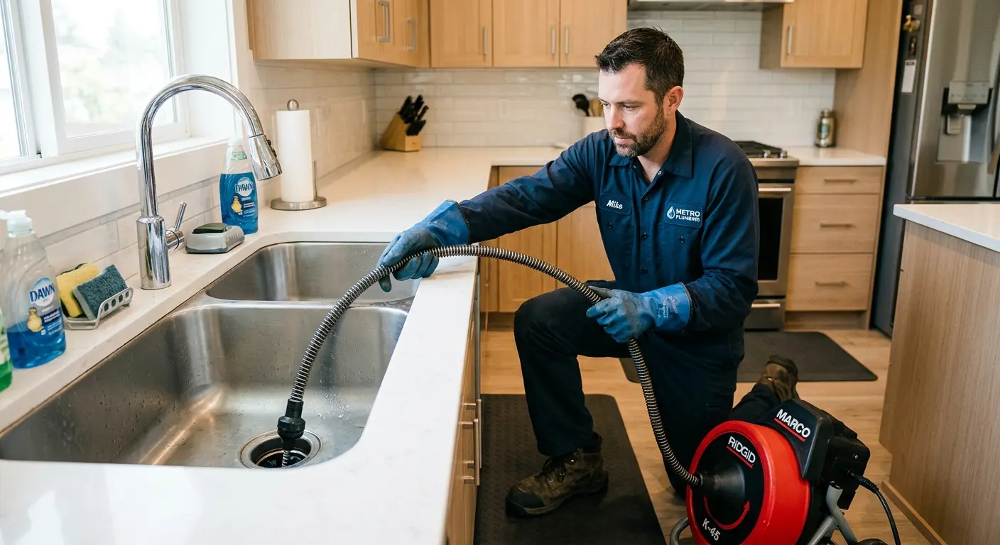 Drain cleaning technician using a motorized snake on a kitchen sink in Greene