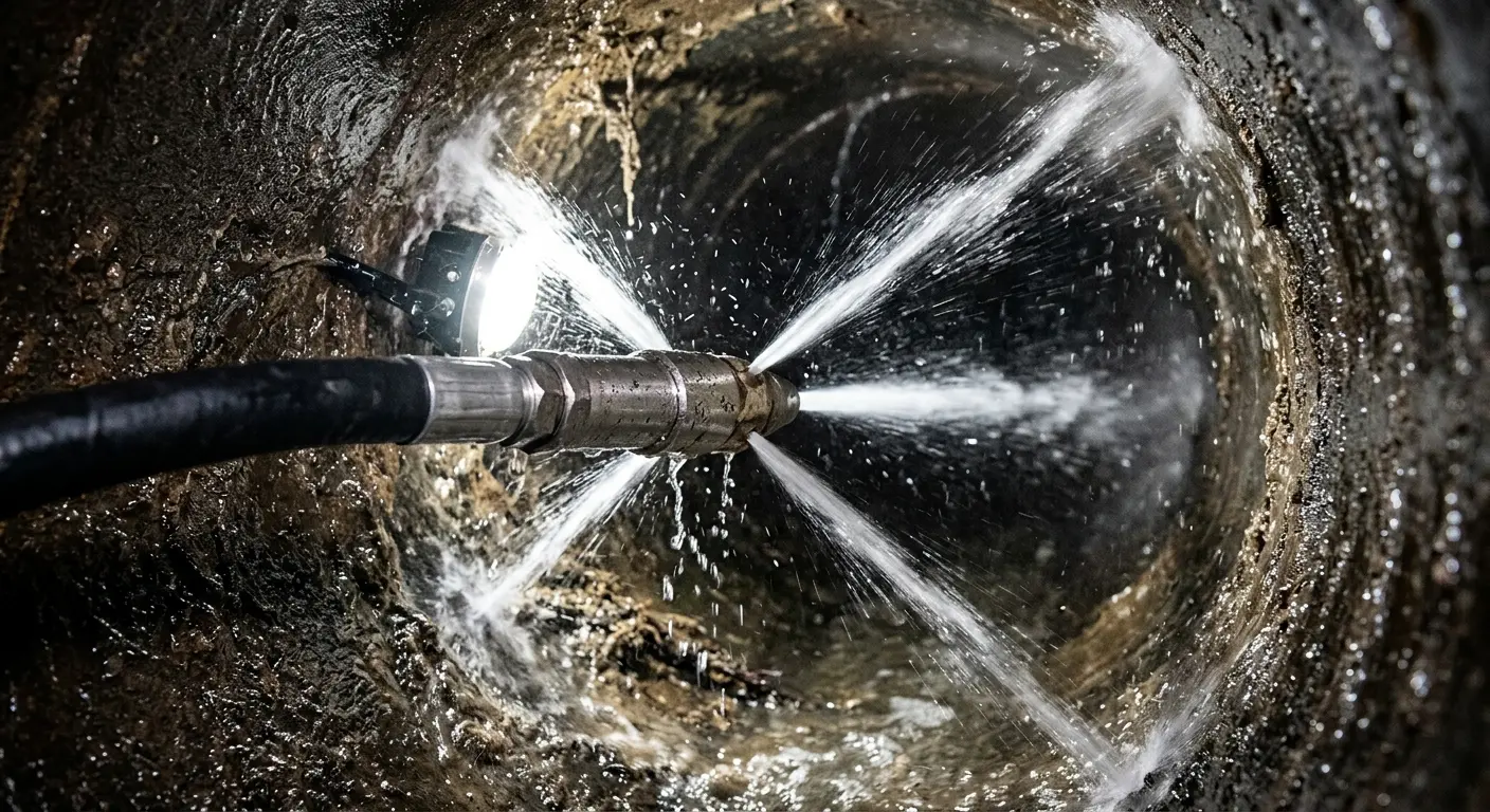 High-pressure hydro jetting nozzle cleaning sewer pipe for Emergency Drain Service in Greene
