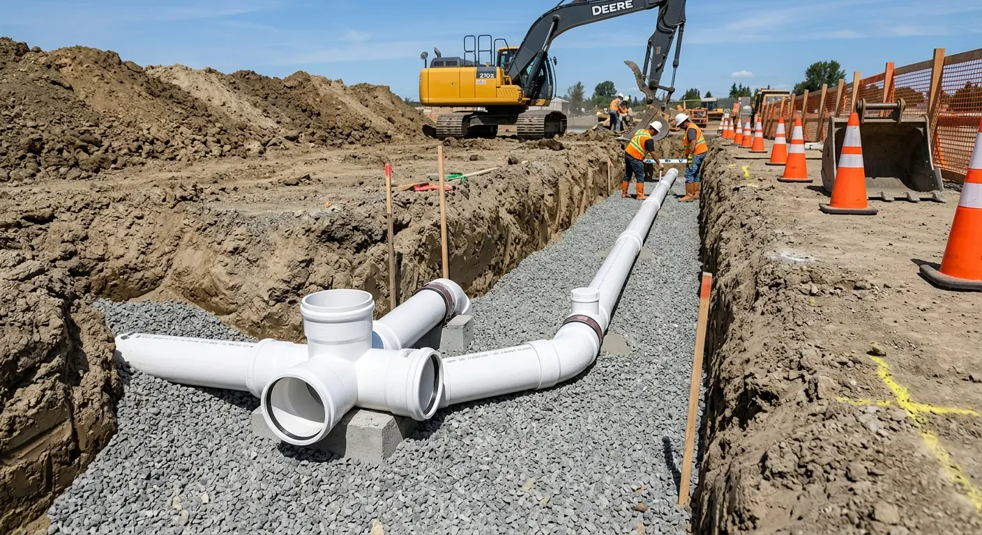 New PVC sewer pipe installation in open trench for Sewer Backup in Greene