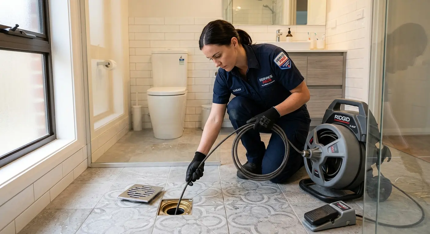Technician clearing a bathroom floor drain for Hydro Jetting in Greene